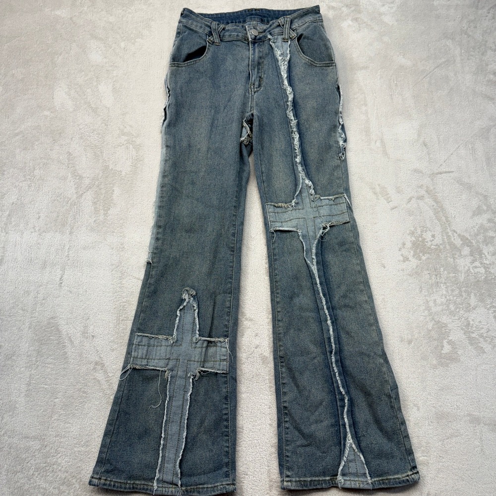 Romwe Jeans Women's Small‎ Blue Distressed Patchwork Cross Raw Edge Flare Leg